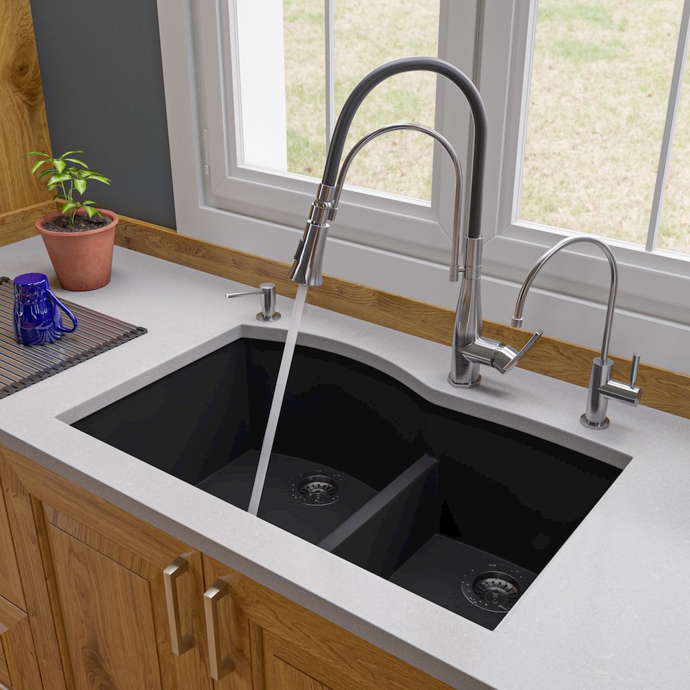 Black 33" Double Bowl Undermount Granite Composite Kitchen Sink. Picture 5