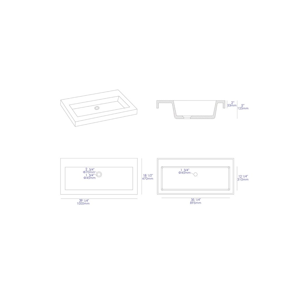 40" Solid Concrete Gray Matte Trough Sink for the Bathroom. Picture 10