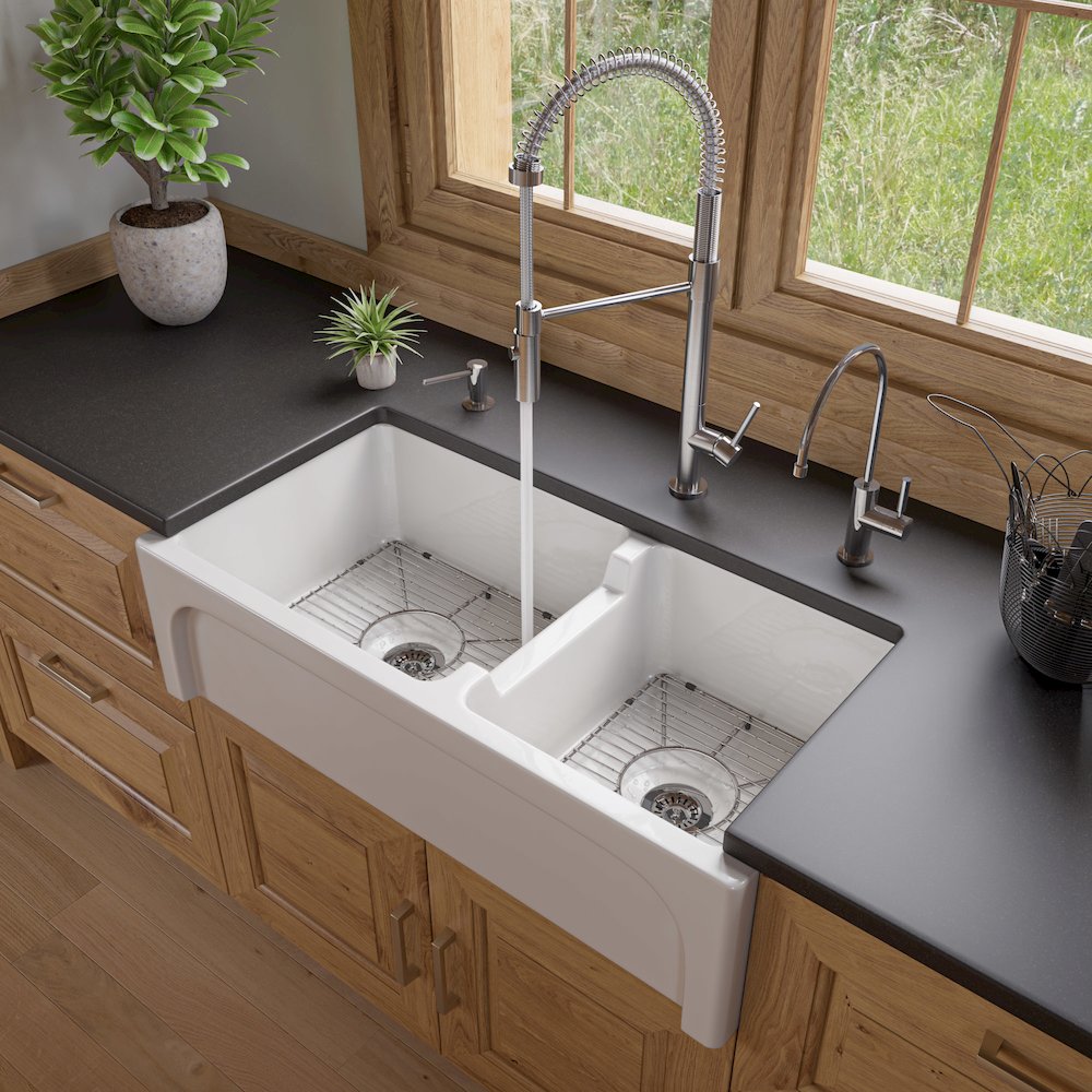 36" White Arched Apron Thick Wall Fireclay Double Bowl Farm Sink. Picture 5