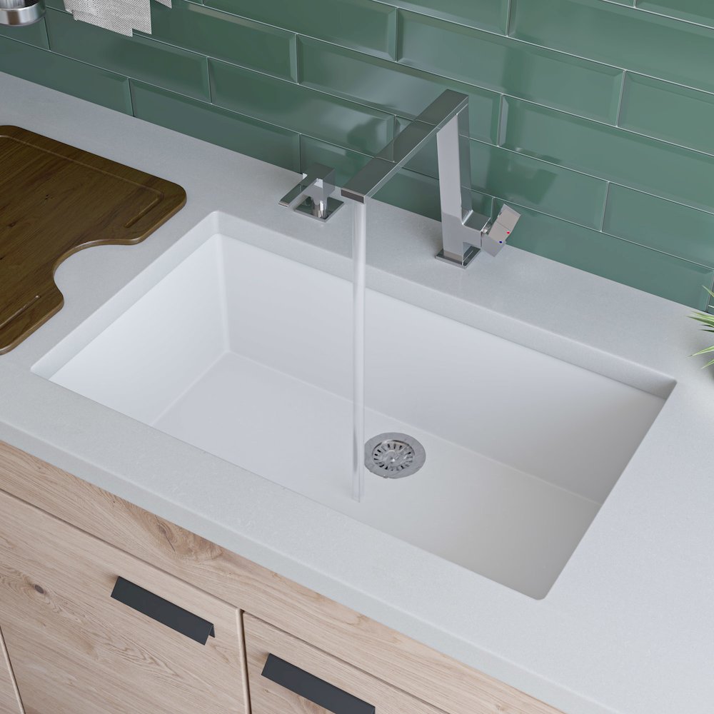 White 30" Undermount Single Bowl Granite Composite Kitchen Sink. Picture 2