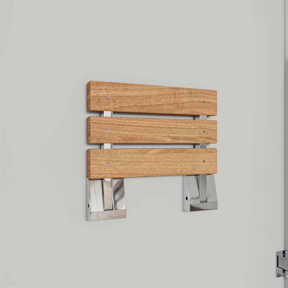 Polished Chrome 16" Folding Teak Wood Shower Seat Bench. Picture 3