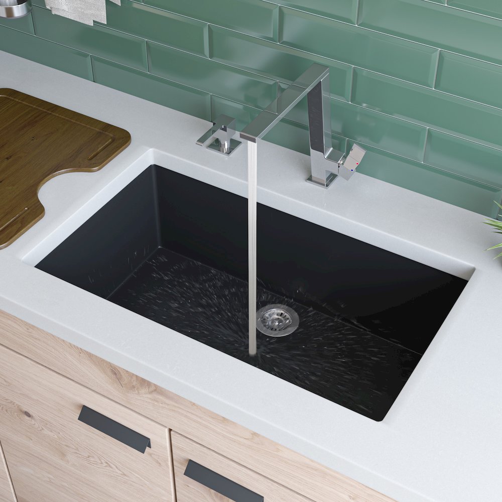 Black 30" Undermount Single Bowl Granite Composite Kitchen Sink. Picture 2