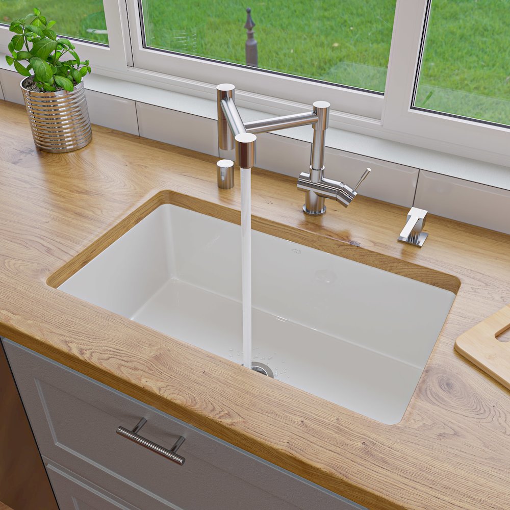 White 30" x 18" Fireclay Undermount / Drop In Kitchen Sink w Grid. Picture 2