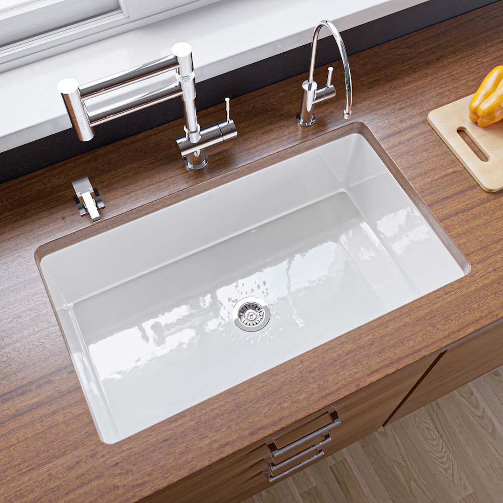 Fireclay White 32" x 19" Single Bowl Undermount / Drop In Kitchen Sink w Grid. Picture 7