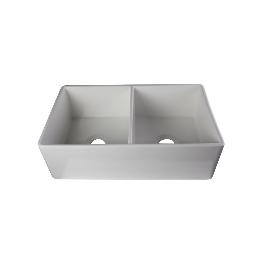White 32" Smooth Apron Double Bowl Fireclay Farmhouse Kitchen Sink. Picture 1
