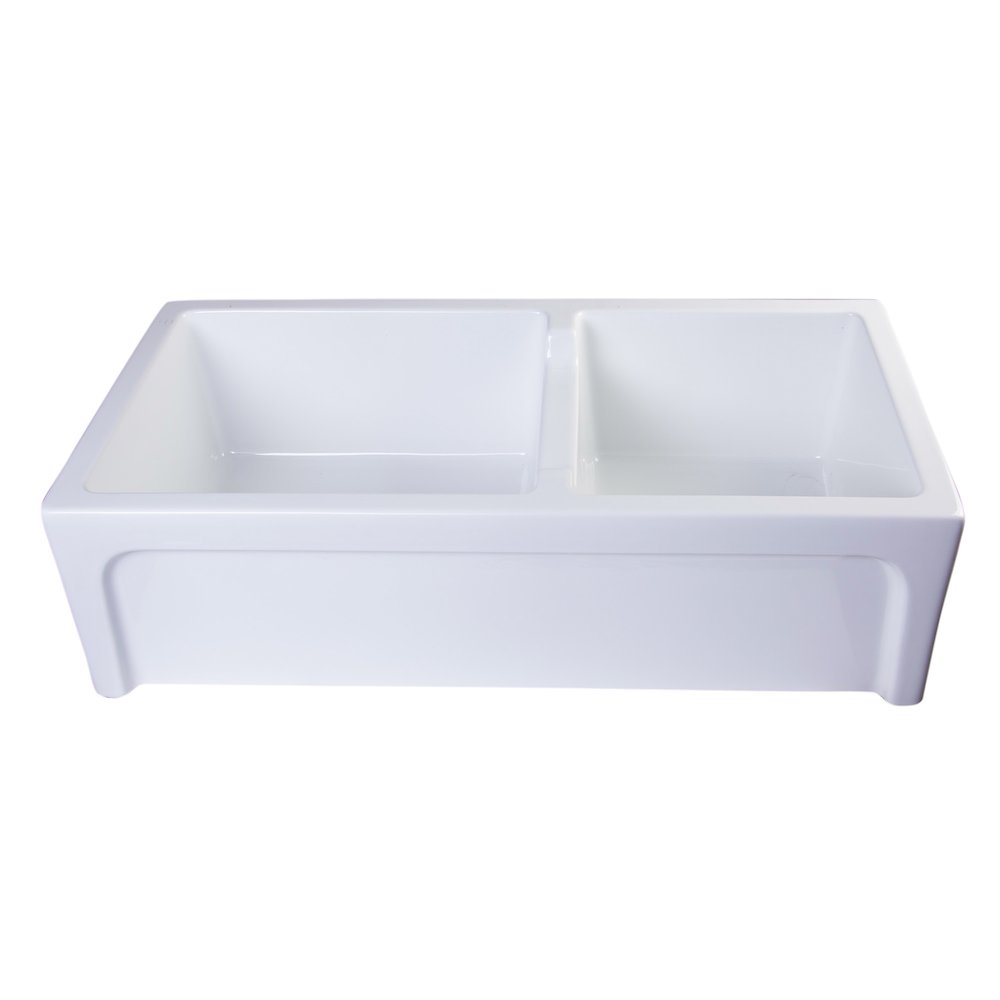 36" White Arched Apron Thick Wall Fireclay Double Bowl Farm Sink. Picture 3