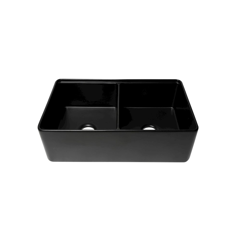 Black Matte Workstation 33" x 20" Double Bowl Step Rim Fireclay Farm Sink. Picture 2
