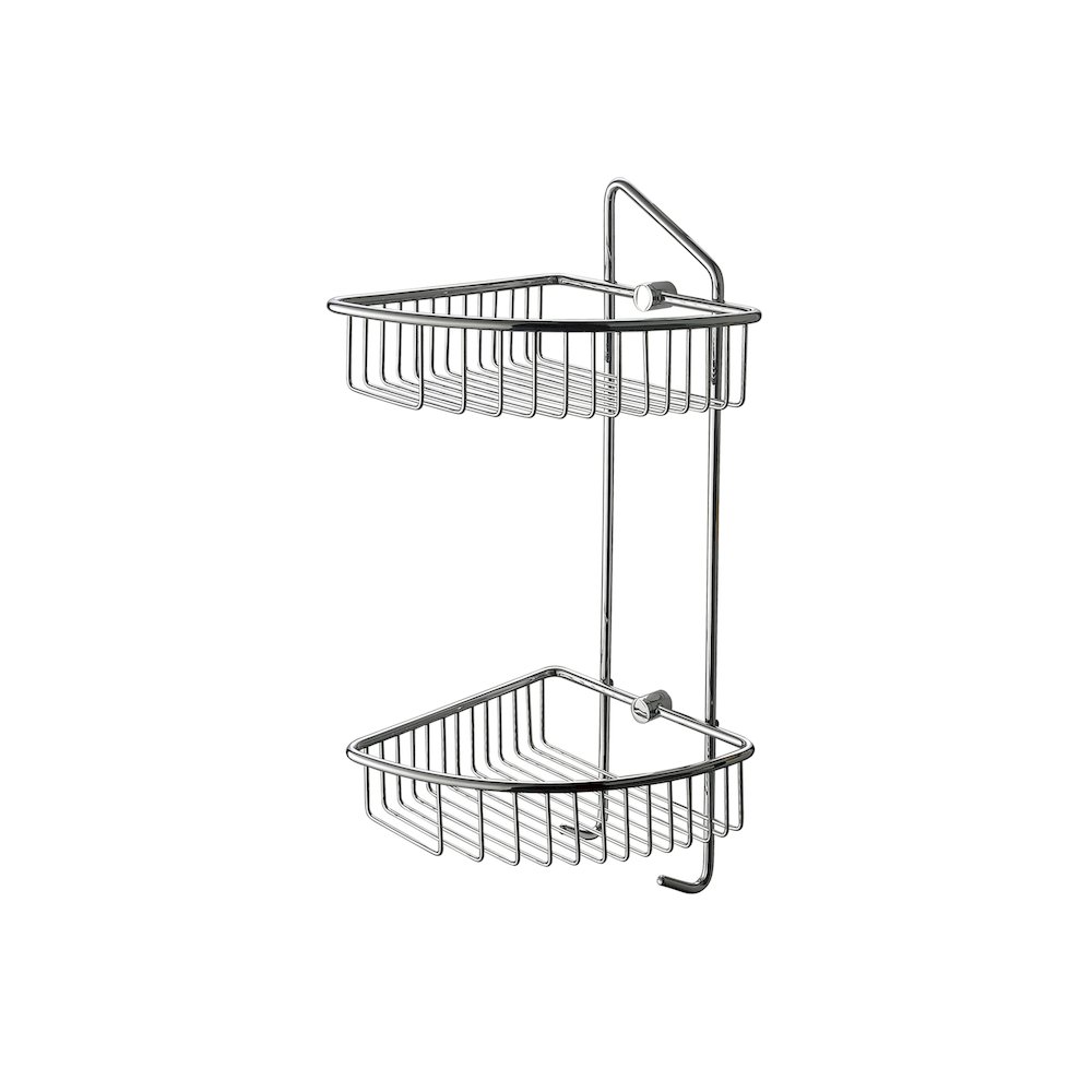 Polished Chrome Corner Mounted Double Basket Shower Shelf Bathroom Accessory. Picture 1