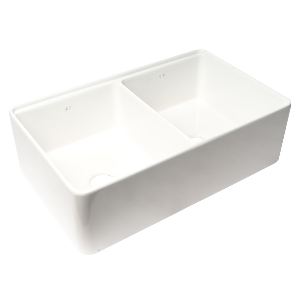 White 33" x 20" Workstation Double Bowl Step Rim Fireclay Farm Sink. Picture 9