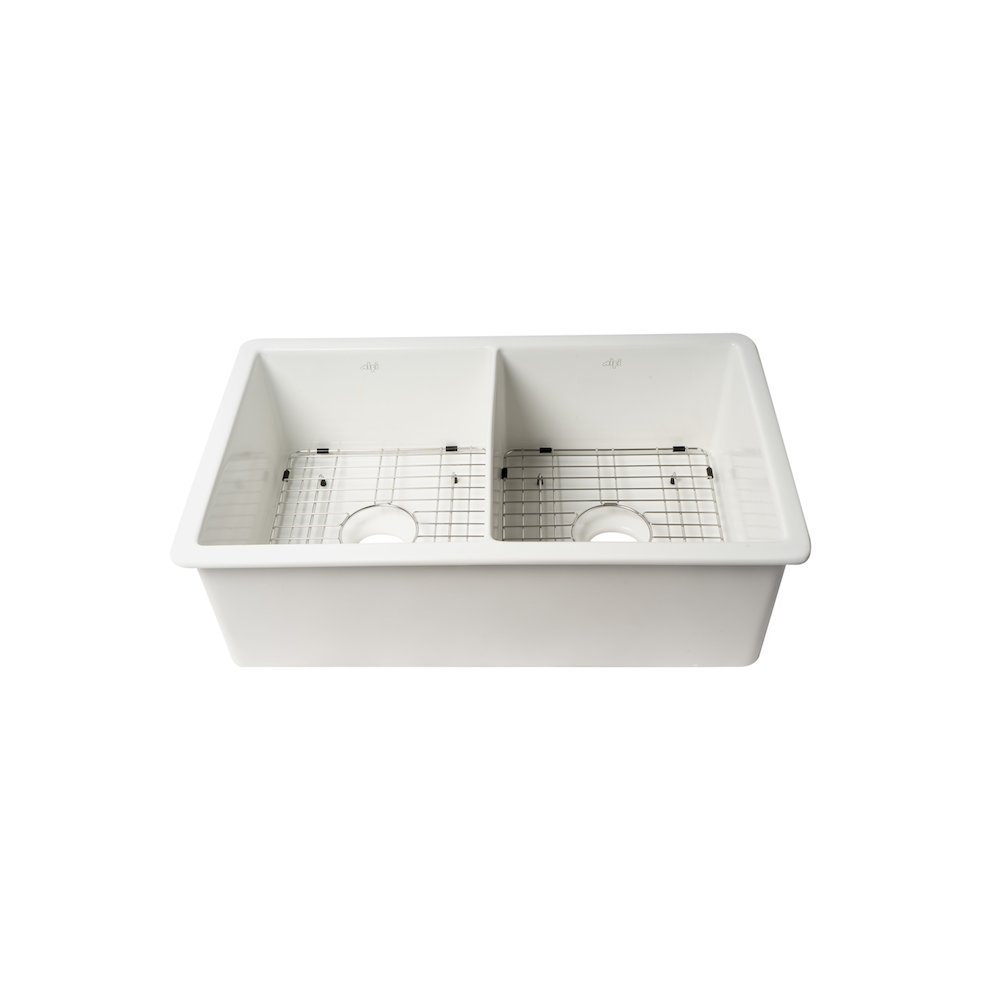 White 32" x 19" Double Bowl Fireclay Undermount / Drop In Kitchen Sink w Grid. Picture 4
