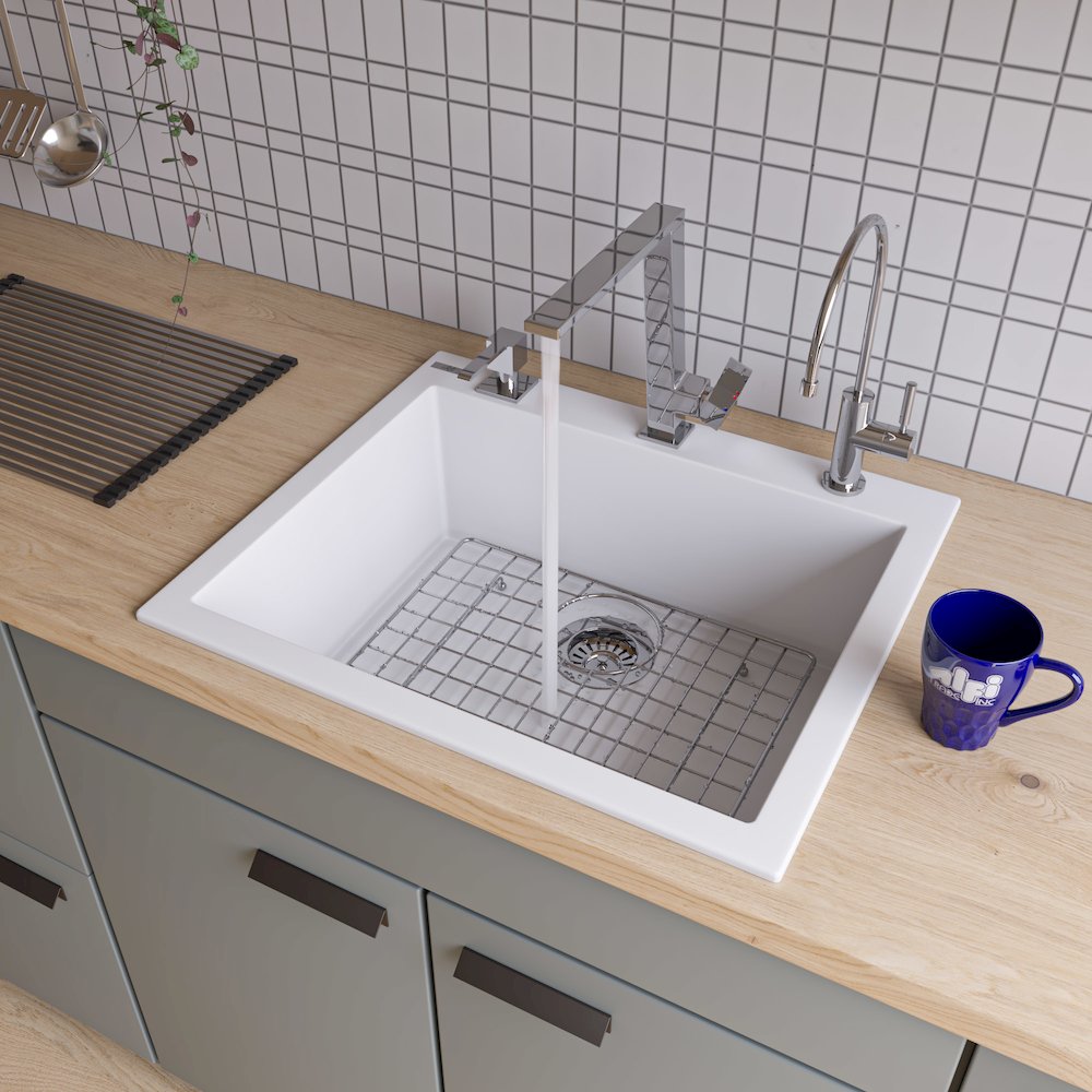 White 24" Drop-In Single Bowl Granite Composite Kitchen Sink. Picture 2