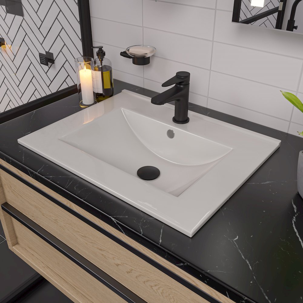 White 25" Rectangular Drop In Ceramic Sink with Faucet Hole. Picture 2