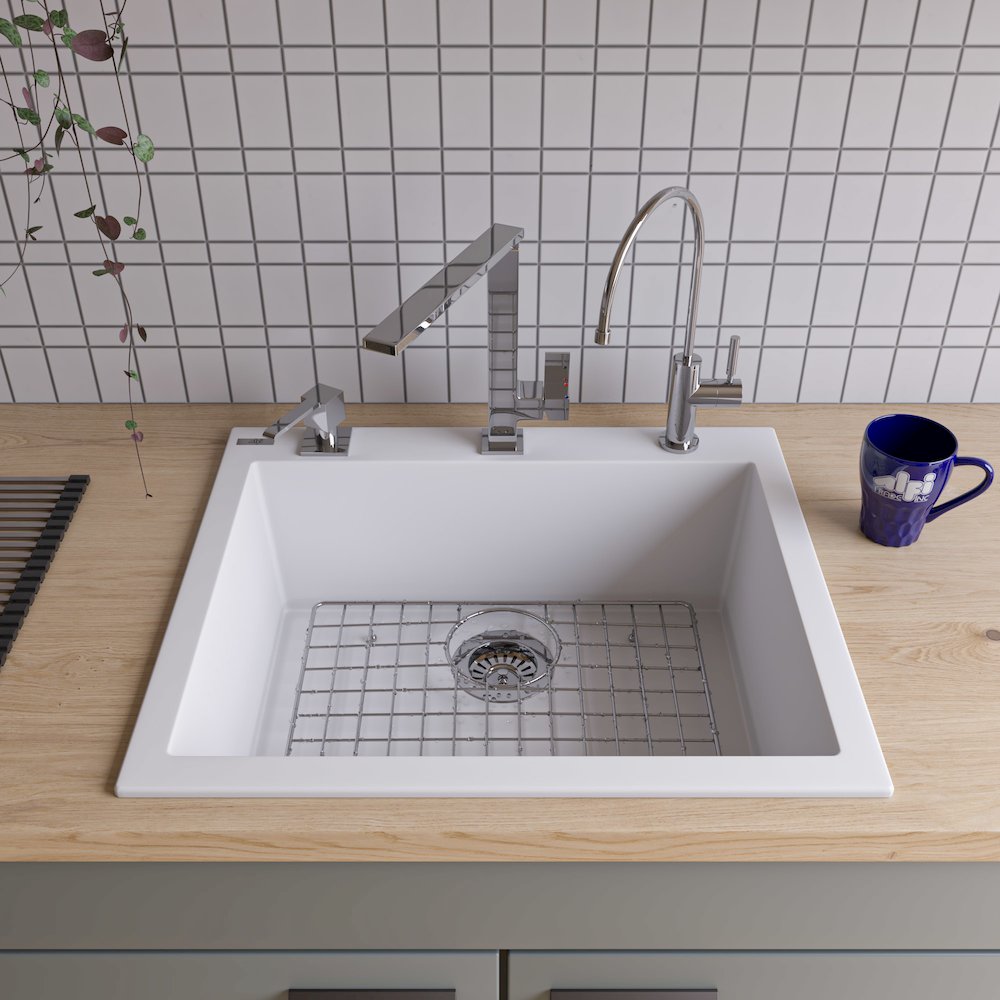 White 24" Drop-In Single Bowl Granite Composite Kitchen Sink. Picture 3