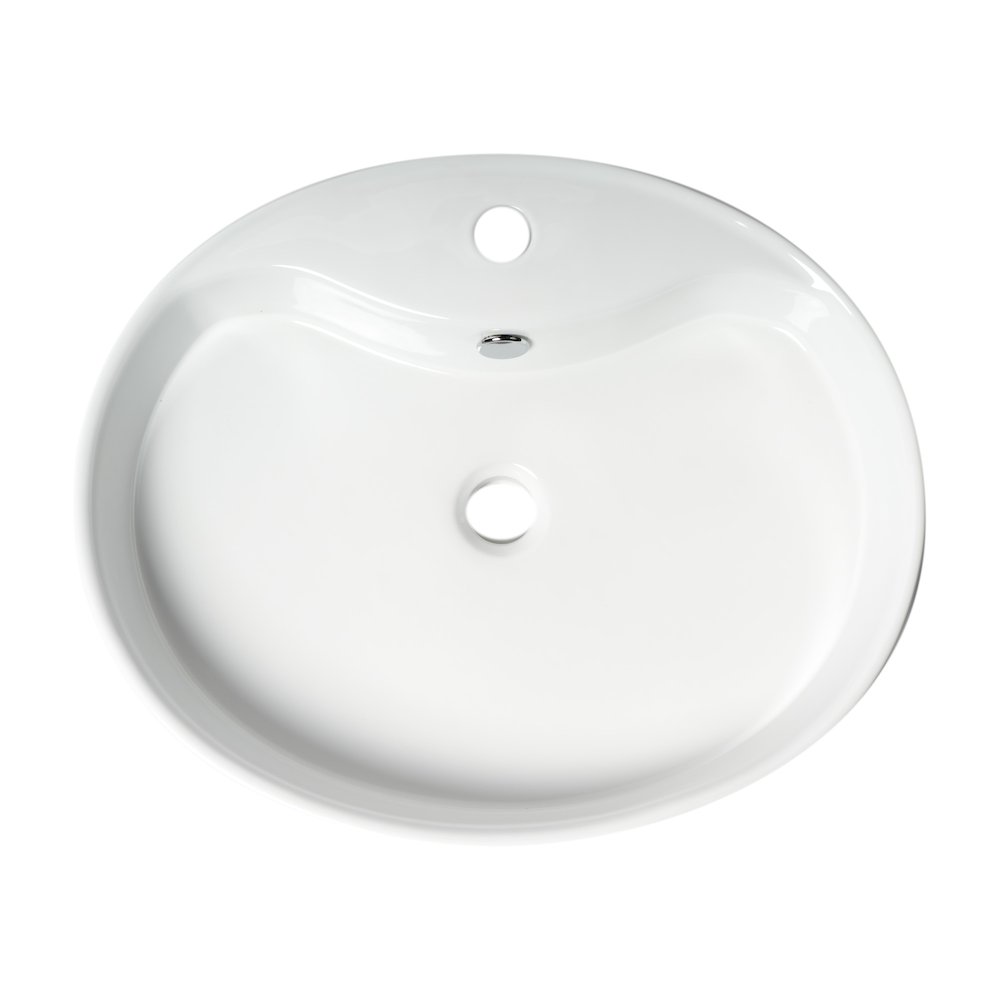 White 22" Oval Above Mount Ceramic Sink with Faucet Hole. Picture 5