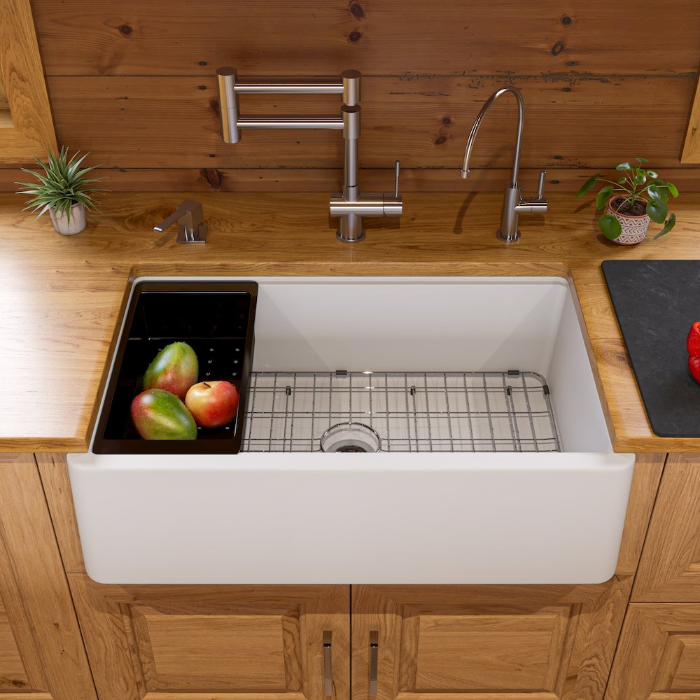 White 33" Granite Composite Single Bowl Drop In Farm Sink with Accessories. Picture 3