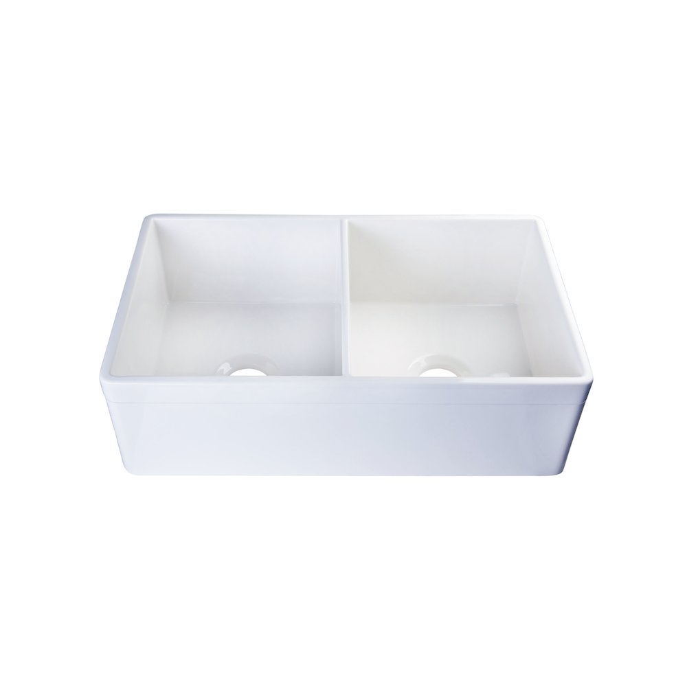 White 32" Decorative Lip Apron Double Bowl Fireclay Farmhouse Kitchen Sink. Picture 8