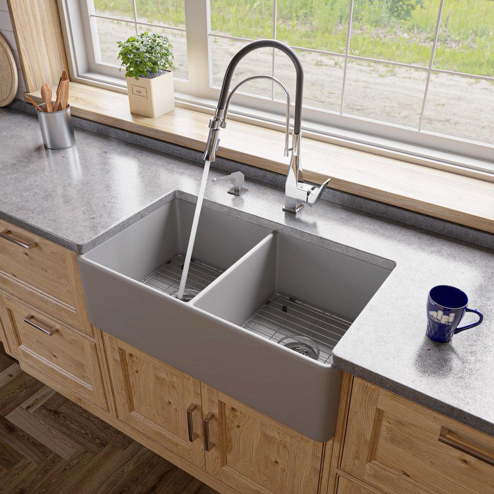 Gray Matte Smooth Apron 33" x 18" Double Bowl Fireclay Farm Sink. Picture 2