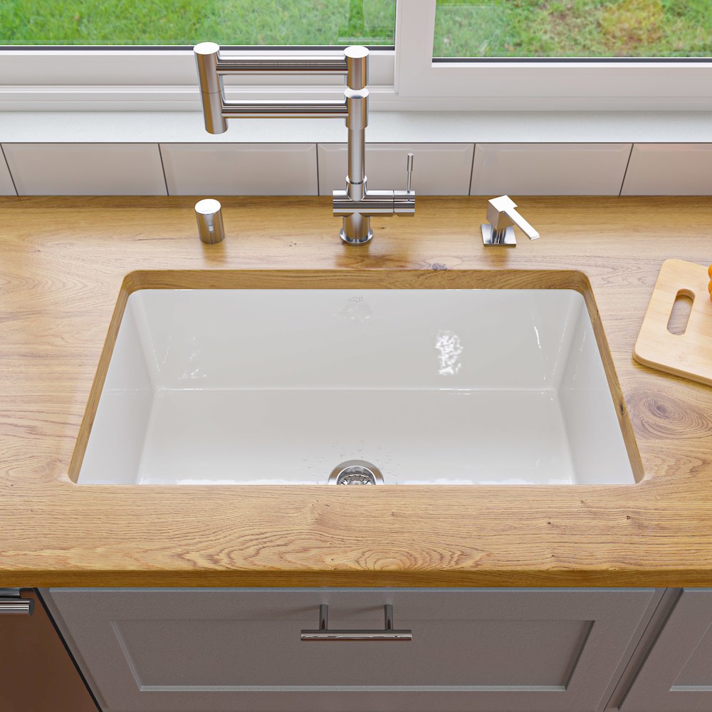 White 30" x 18" Fireclay Undermount / Drop In Kitchen Sink w Grid. Picture 3
