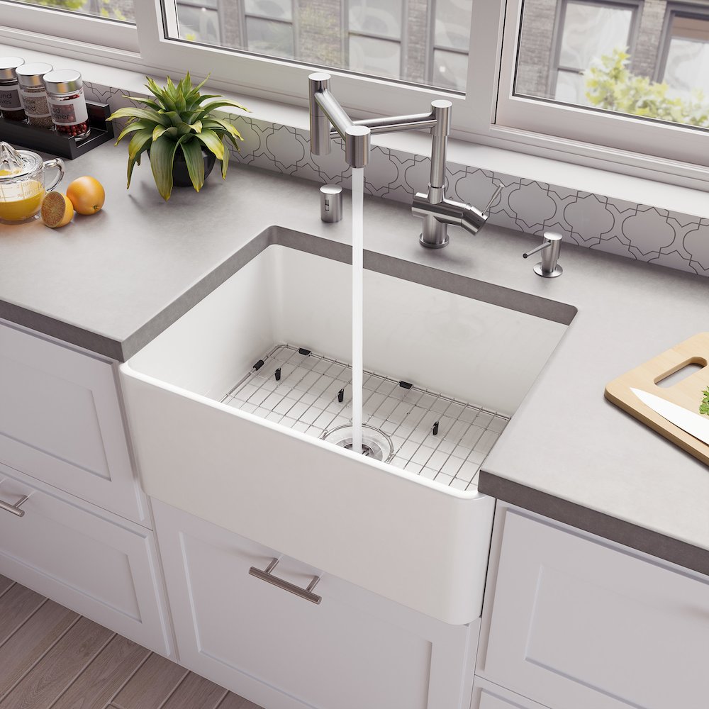 ABF2418 24" White Thin Wall Single Bowl Smooth Apron Fireclay Kitchen Farm Sink. Picture 2