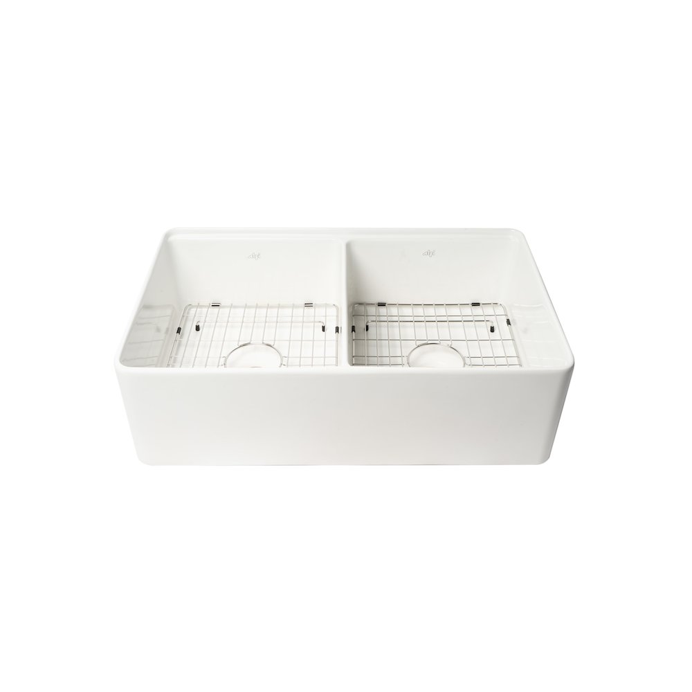 White 33" x 20" Workstation Double Bowl Step Rim Fireclay Farm Sink. Picture 5