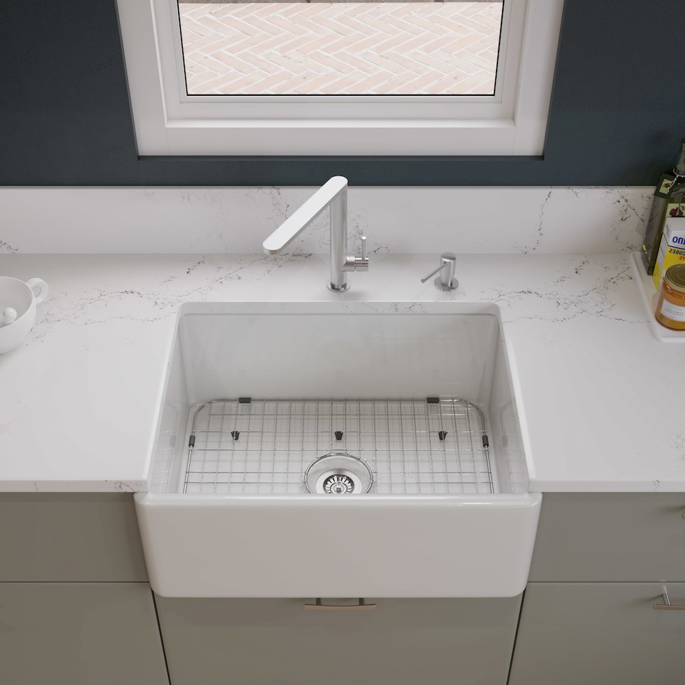 White 26" Contemporary Smooth Apron Fireclay Farmhouse Kitchen Sink. Picture 3