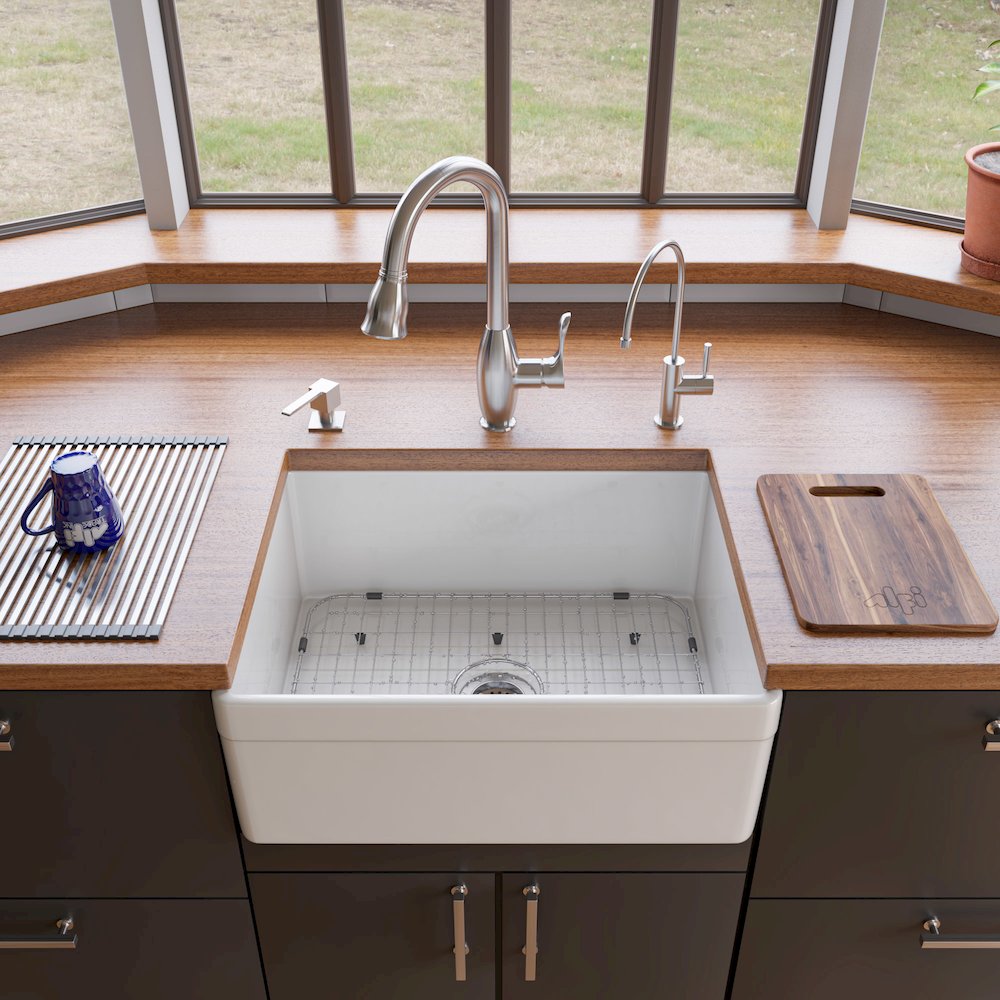 White 26" Decorative Lip Apron Single Bowl Fireclay Farmhouse Kitchen Sink. Picture 3