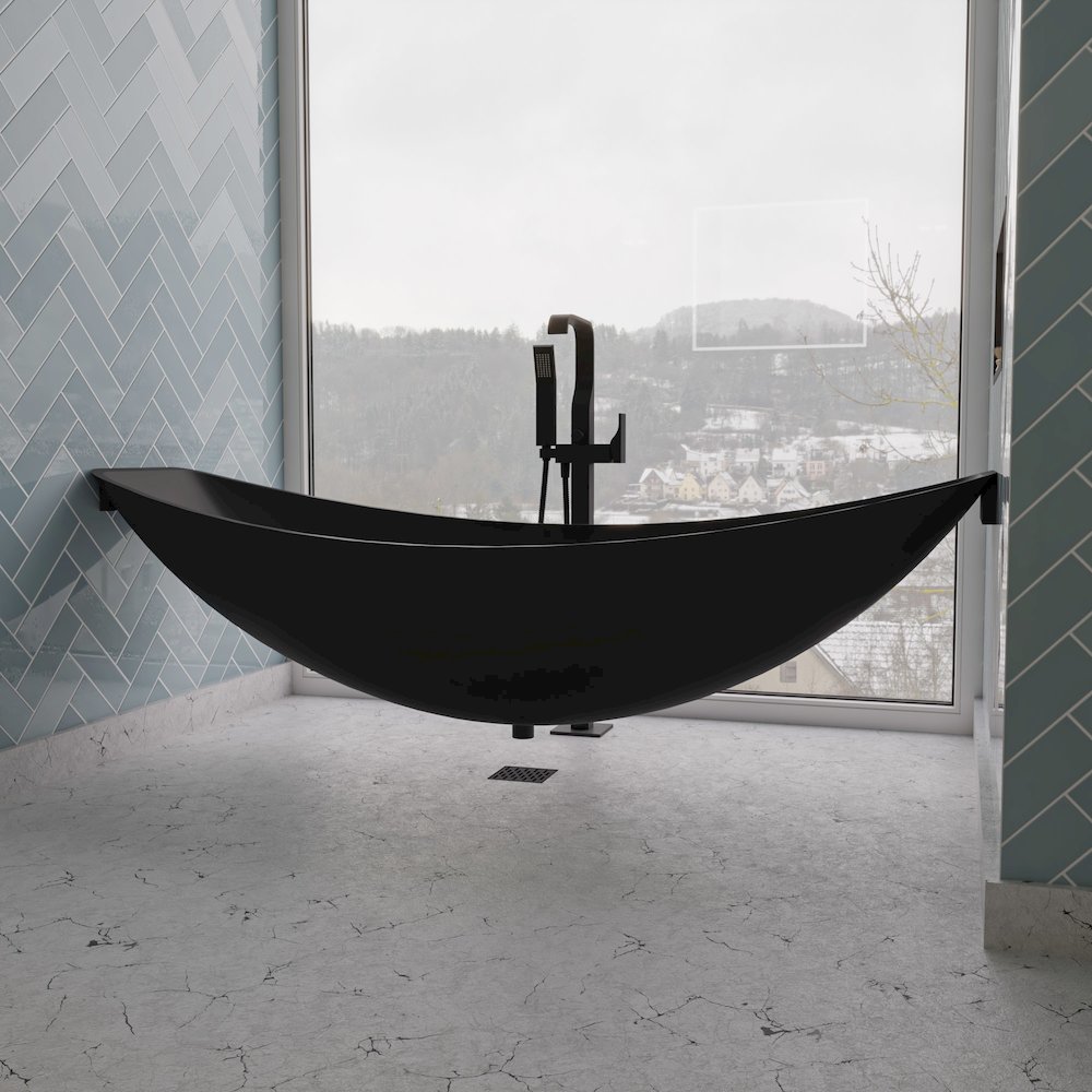 Black Matte 79" Acrylic Suspended Wall Mounted Hammock Bathtub. Picture 2