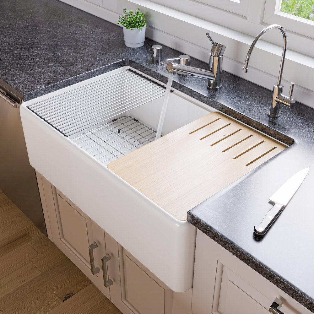 White Smooth Apron Workstation 33" x 20" Single Bowl Step Rim Fireclay Farm Sink. Picture 2