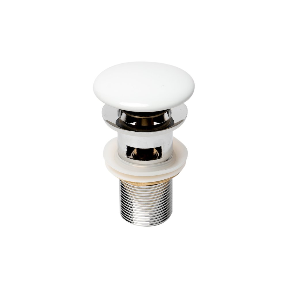 White Ceramic Mushroom Top Pop Up Drain for Sinks with Overflow. Picture 1