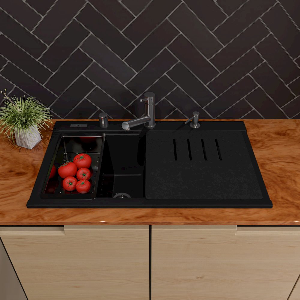 Black 33" Granite Composite Workstation Step Rim Double Bowl Drop In Sink. Picture 3