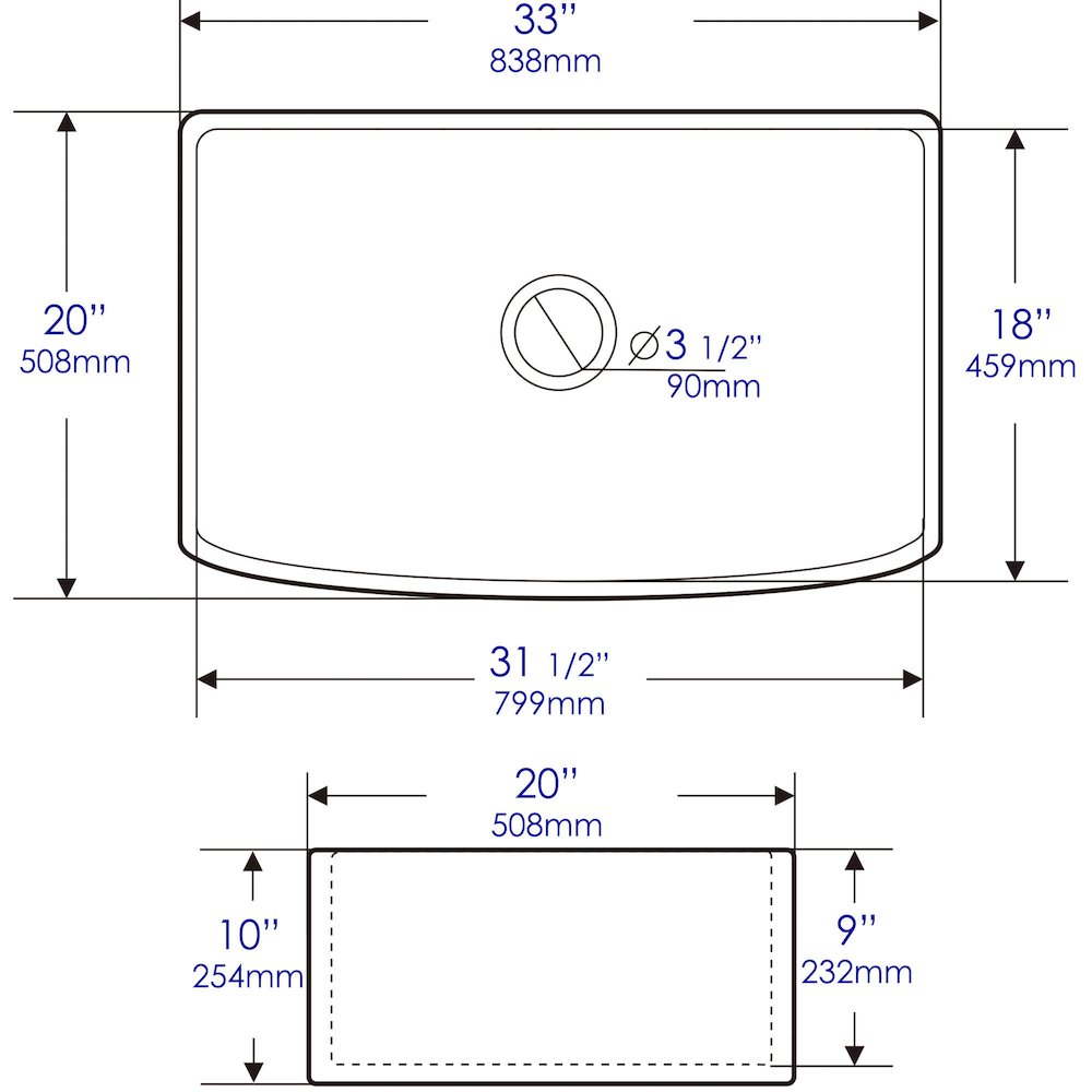 ALFI Brand White Smooth Curved Apron 33" x 20" Single Bowl Fireclay Farm Sink. Picture 10