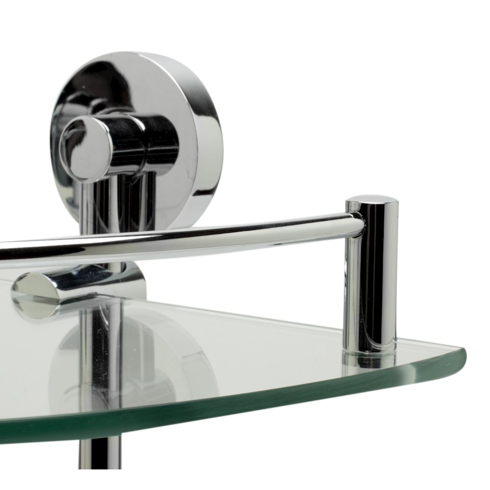 Polished Chrome Corner Mounted Double Glass Shower Shelf Bathroom Accessory. Picture 2