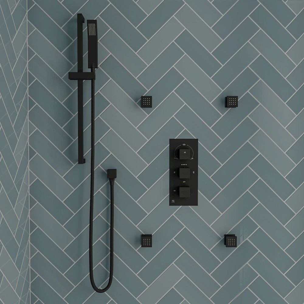Black Matte 3-Way Thermostatic Valve Shower Mixer Square Knobs. Picture 2
