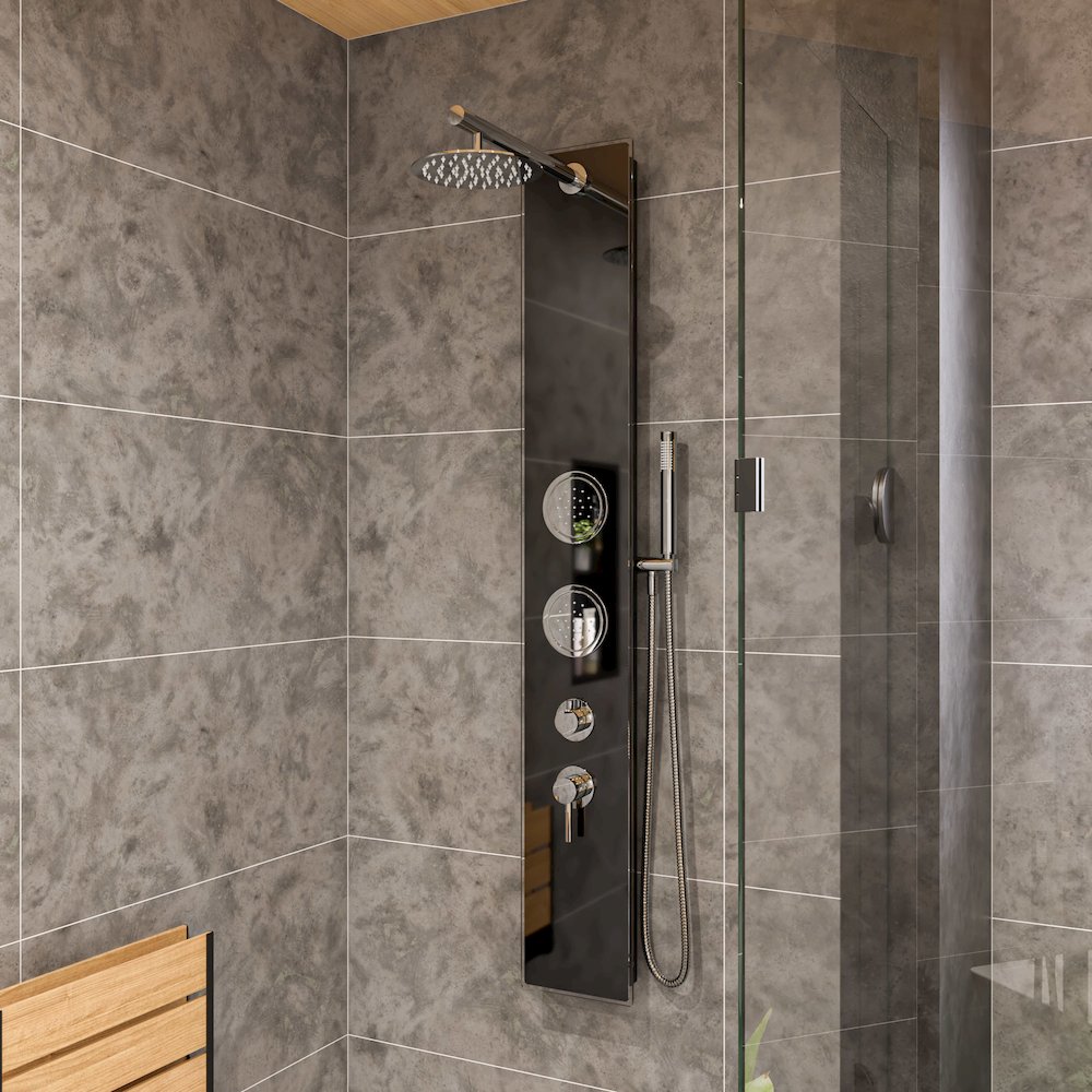 Black Glass Shower Panel with 2 Body Sprays and Rain Shower Head. Picture 4
