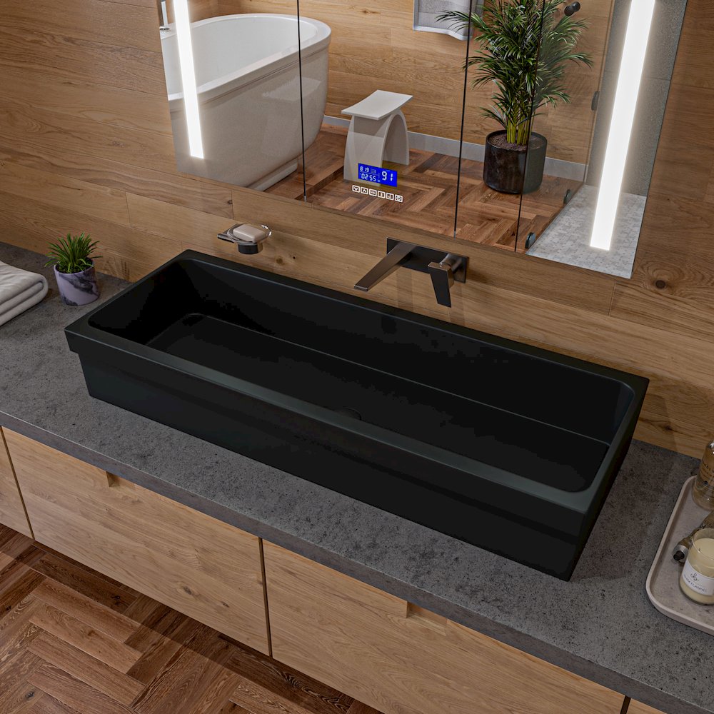48" Black Matte Above Mount Fireclay Bathroom Trough Sink. Picture 3