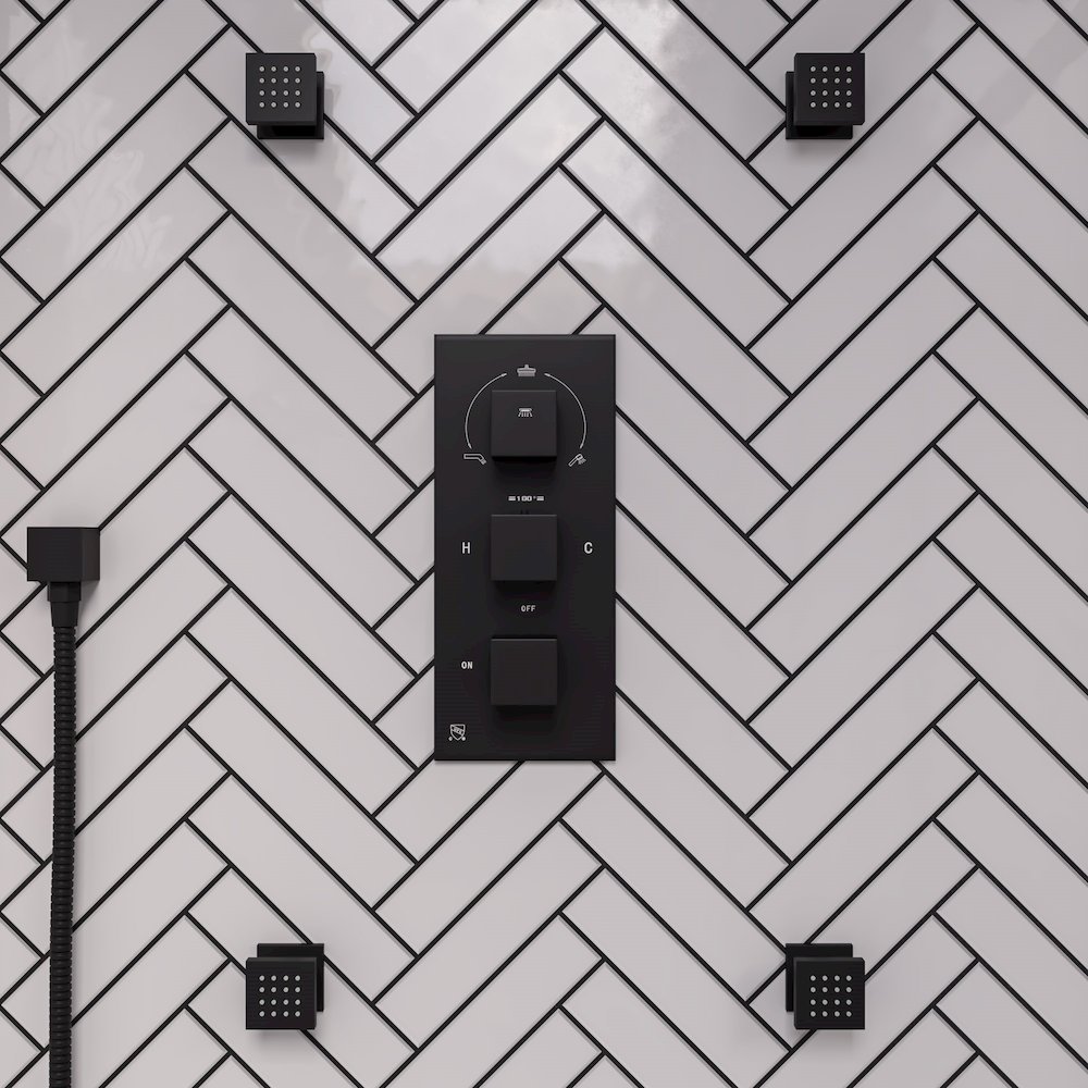 Black Matte 3-Way Thermostatic Valve Shower Mixer Square Knobs. Picture 9