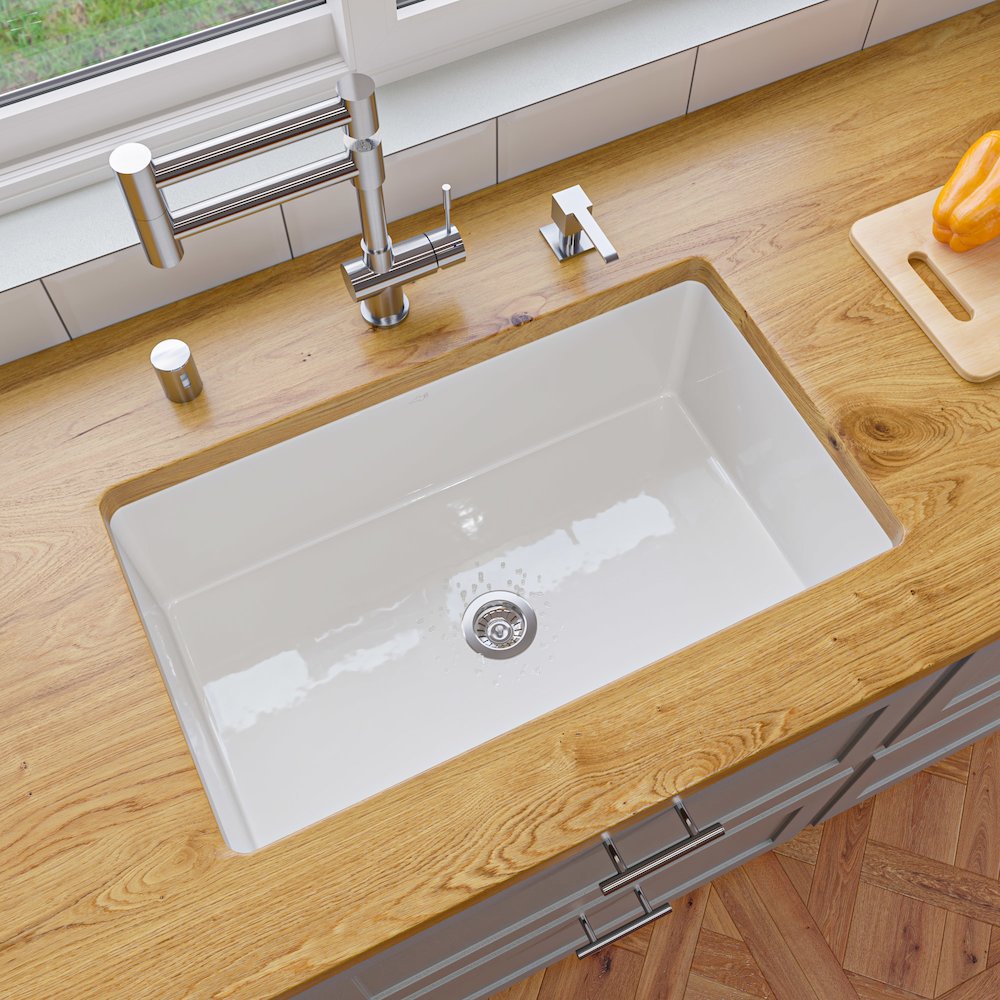 White 30" x 18" Fireclay Undermount / Drop In Kitchen Sink w Grid. Picture 4