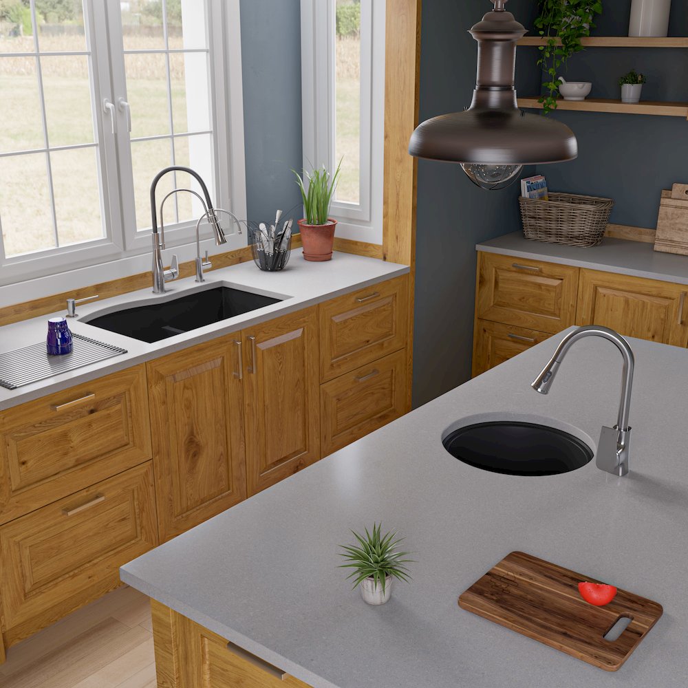 Black 33" Double Bowl Undermount Granite Composite Kitchen Sink. Picture 7