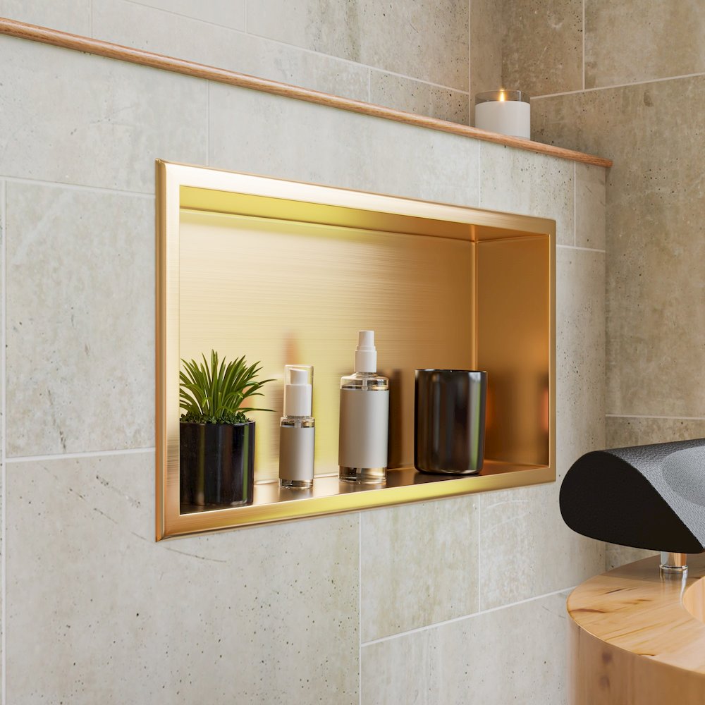 Brushed Gold PVD Stainless Steel Horizontal Single Shelf Shower Niche. Picture 2