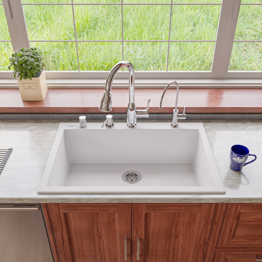 White 33" Single Bowl Drop In Granite Composite Kitchen Sink. Picture 3