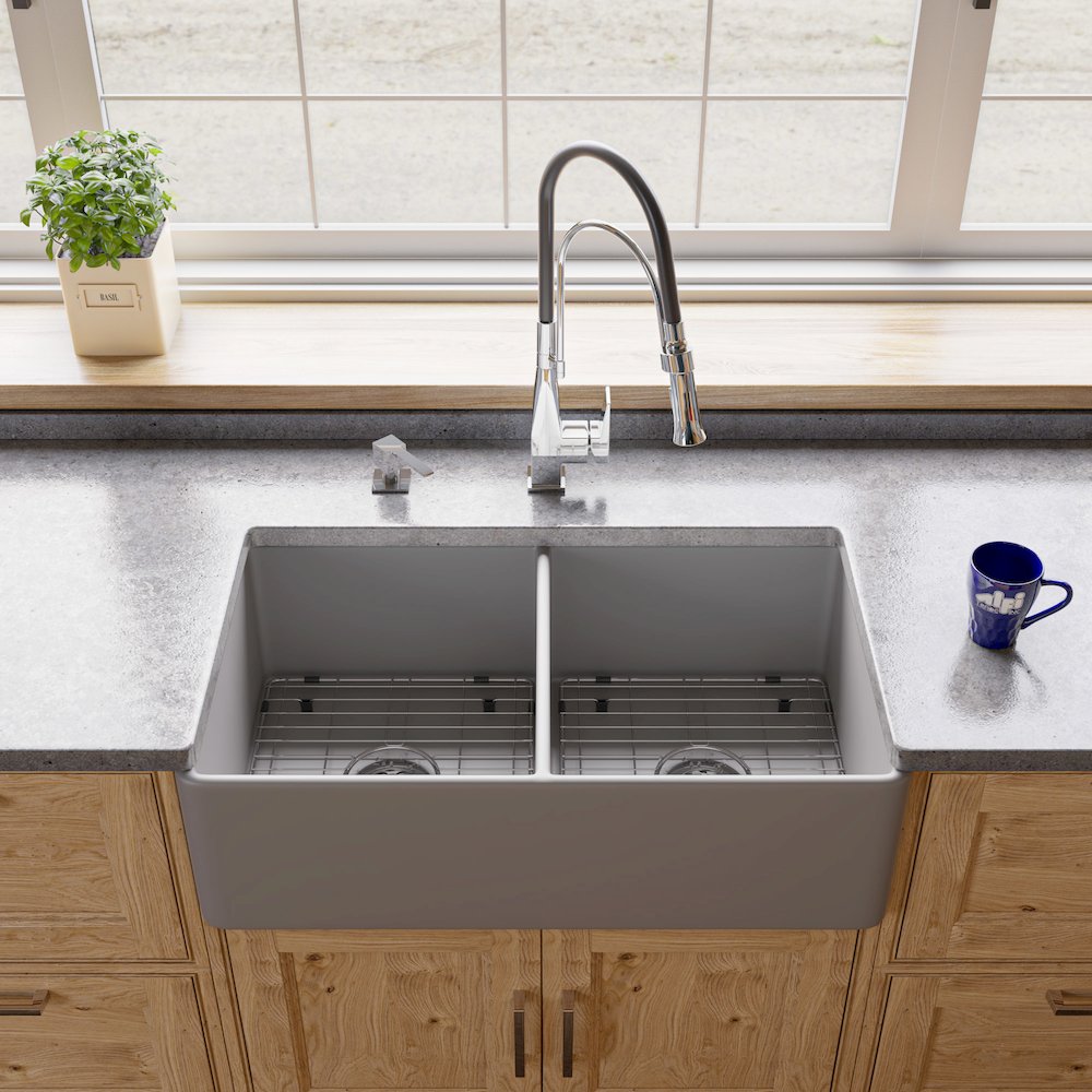 Gray Matte Smooth Apron 33" x 18" Double Bowl Fireclay Farm Sink. Picture 3