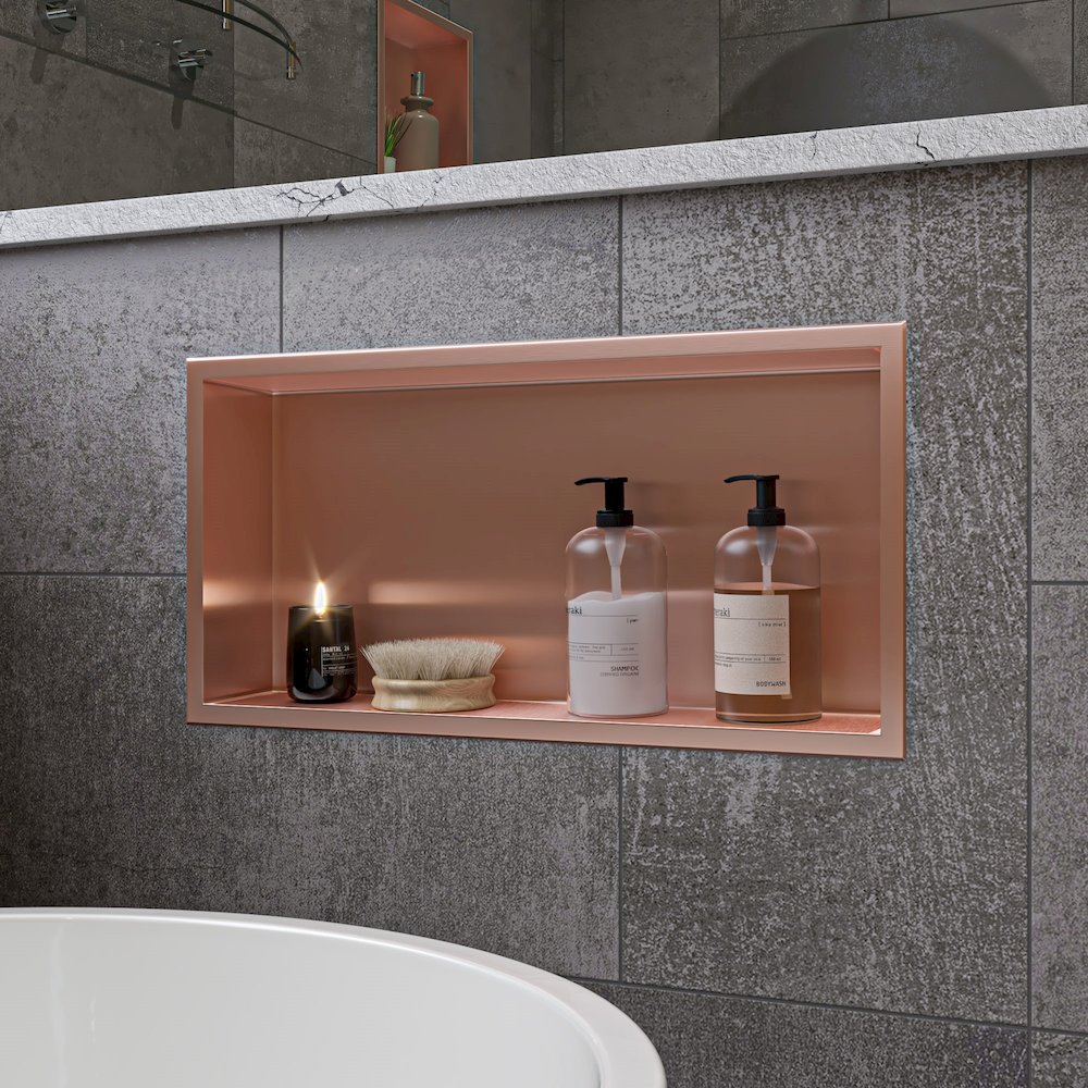 Brushed Copper PVD Stainless Steel Horizontal Single Shelf Shower Niche. Picture 3