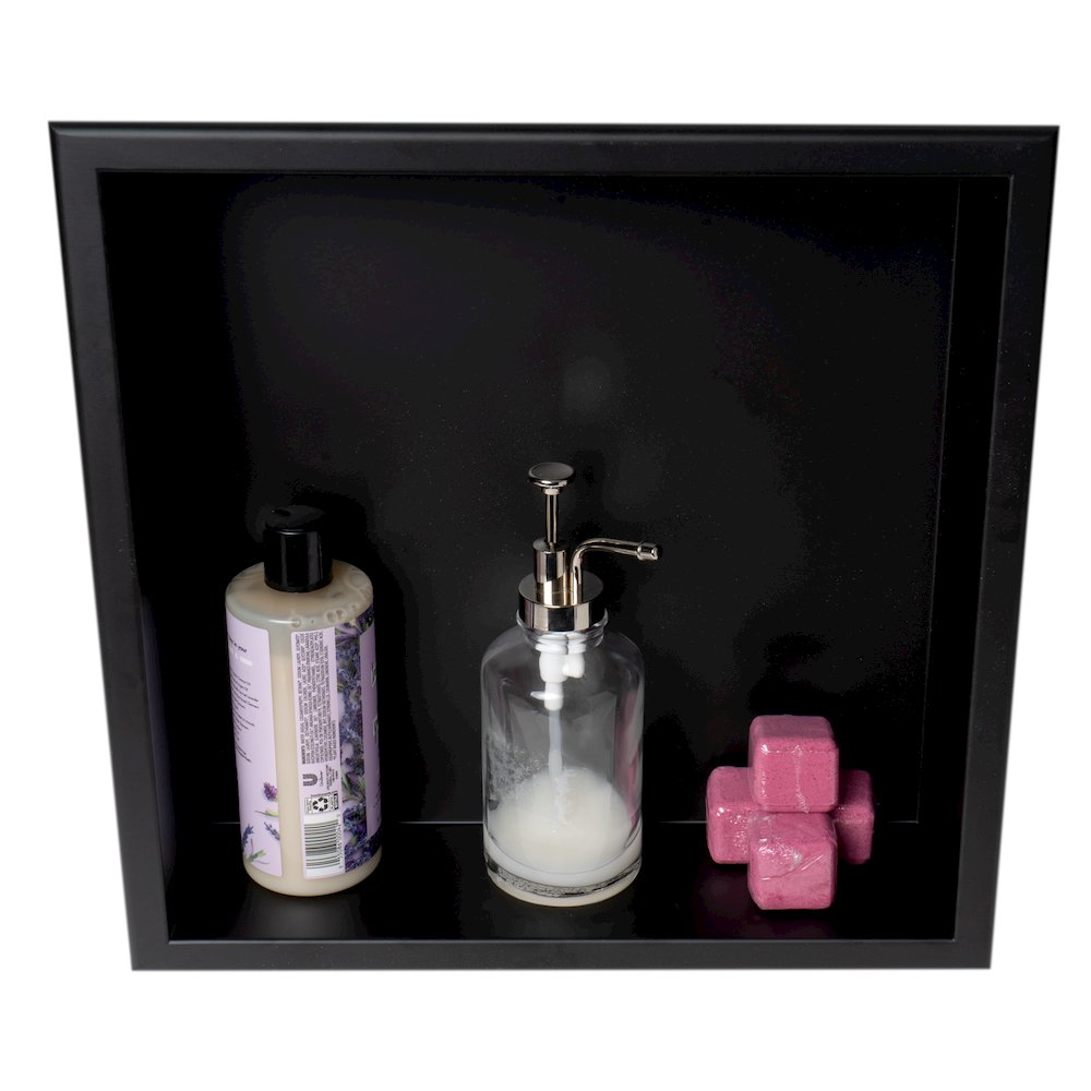 16" x 16" Black Matte Stainless Steel Square Single Shelf Bath Shower Niche. Picture 8