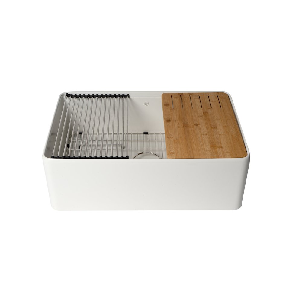 White Smooth Apron Workstation 30" x 20" Single Bowl Step Rim Fireclay Farm Sink. Picture 6