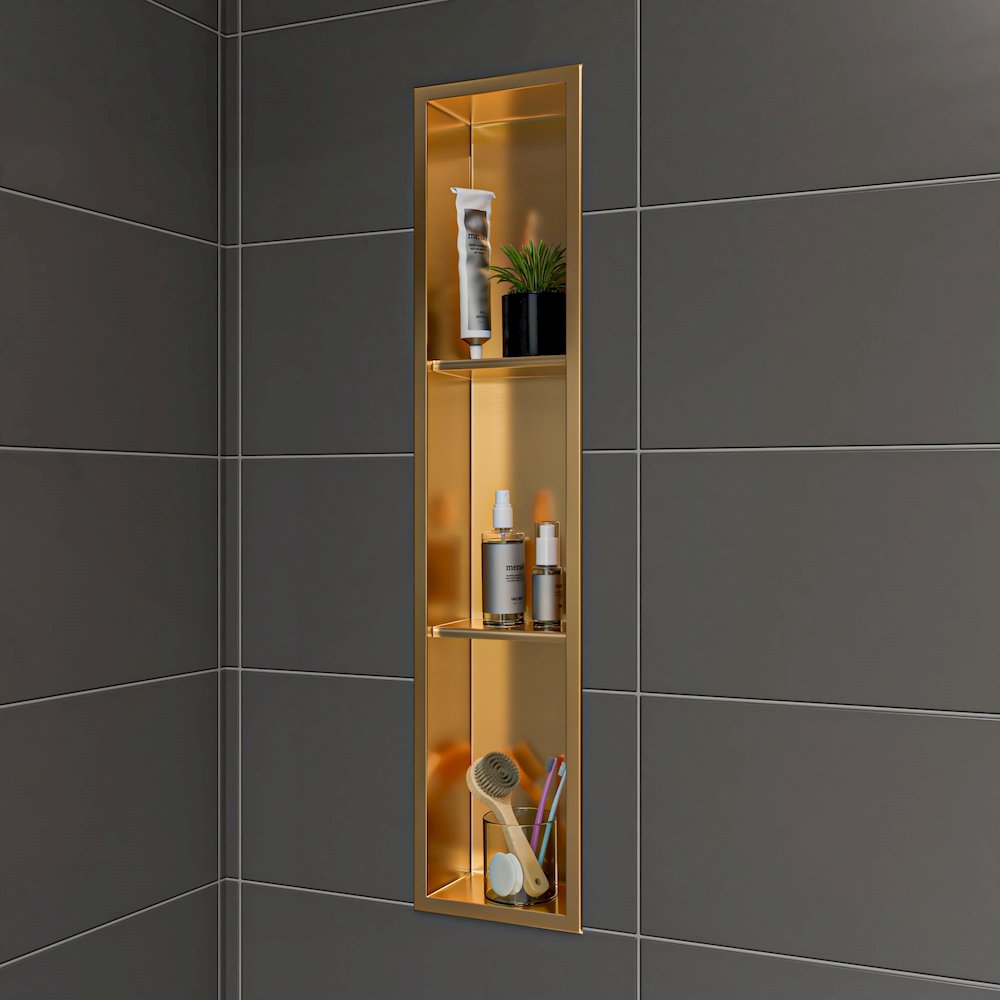 8" x 36" Brushed Gold PVD Stainless Steel Vertical Triple Shelf Shower Niche. Picture 2