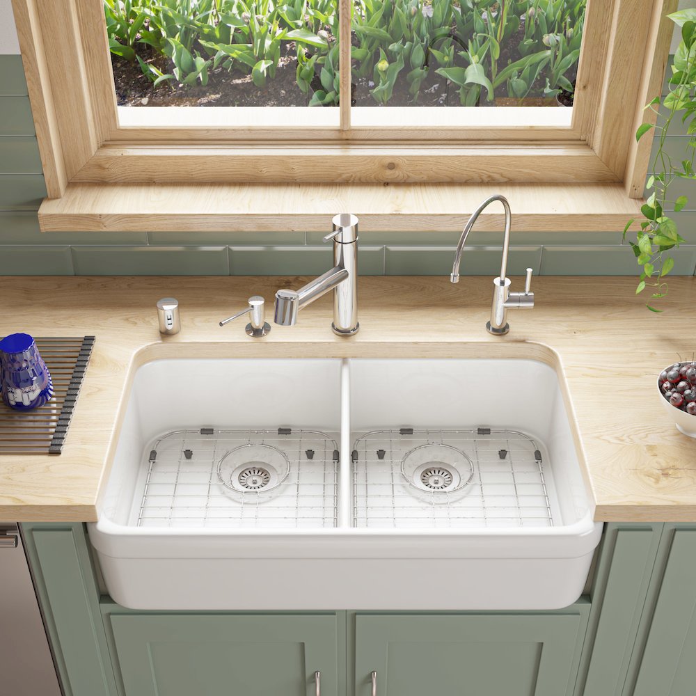 White 32" Double Bowl Lip Apron Fireclay Farmhouse Kitchen Sink with 1 3/4" Lip. Picture 3