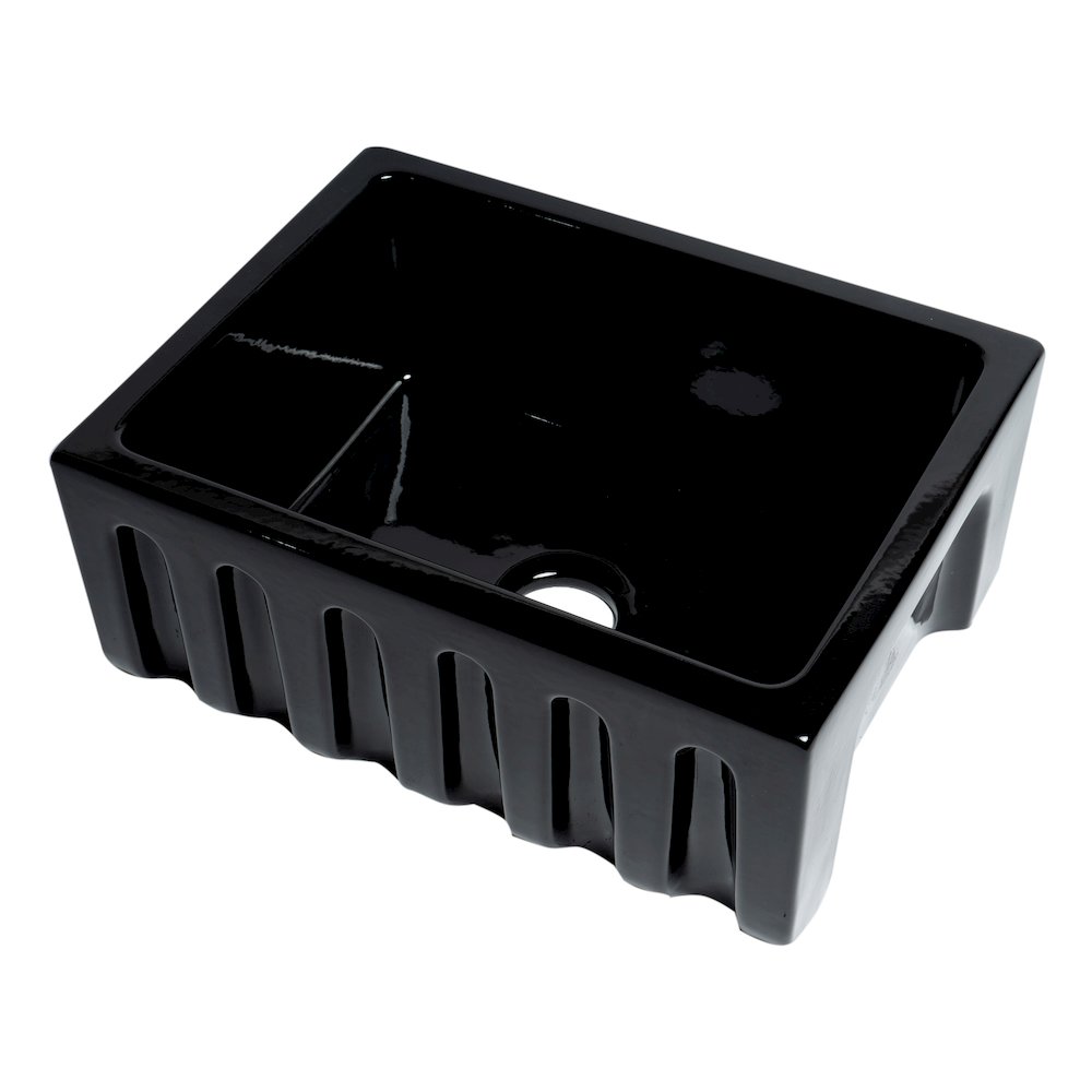 24" Black Gloss Reversible Smooth / Fluted Single Bowl Fireclay Farm Sink. Picture 1