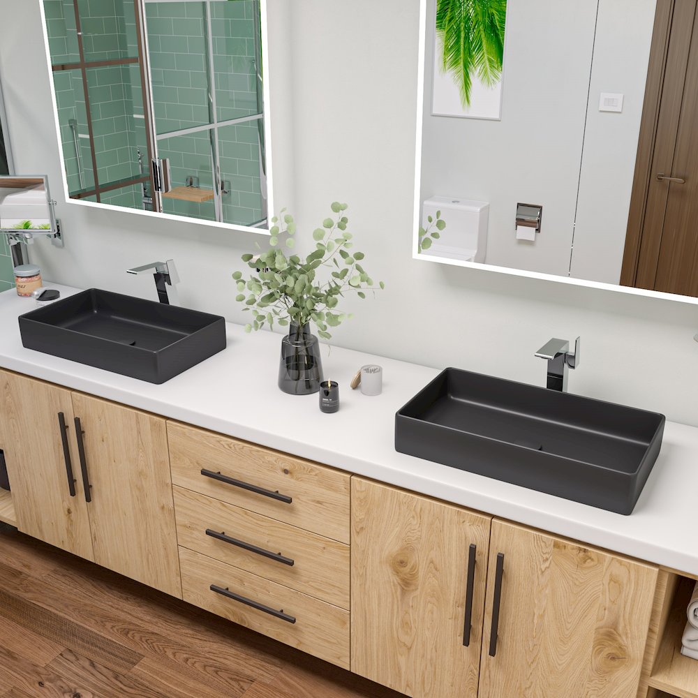 Black Matte 24" Modern Rectangular Above Mount Ceramic Sink. Picture 7