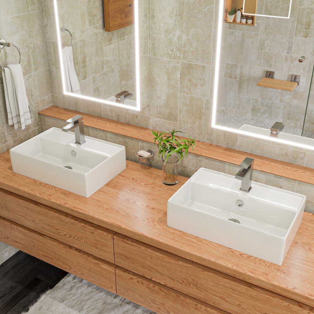 White 24" Modern Rectangular Above Mount Ceramic Sink with Faucet Hole. Picture 3