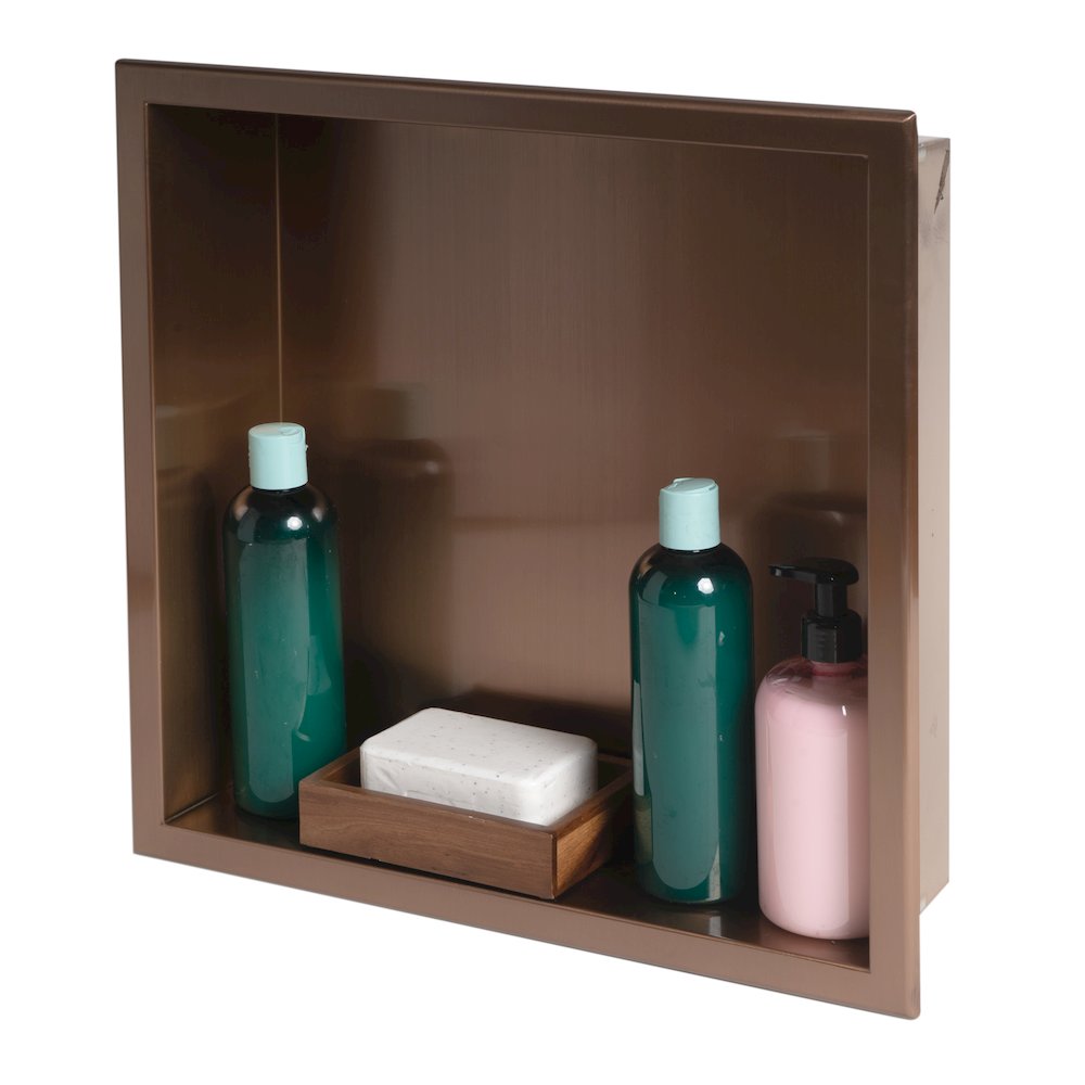 16" x 16" Brushed Copper PVD Steel Square Single Shelf Shower Niche. Picture 1
